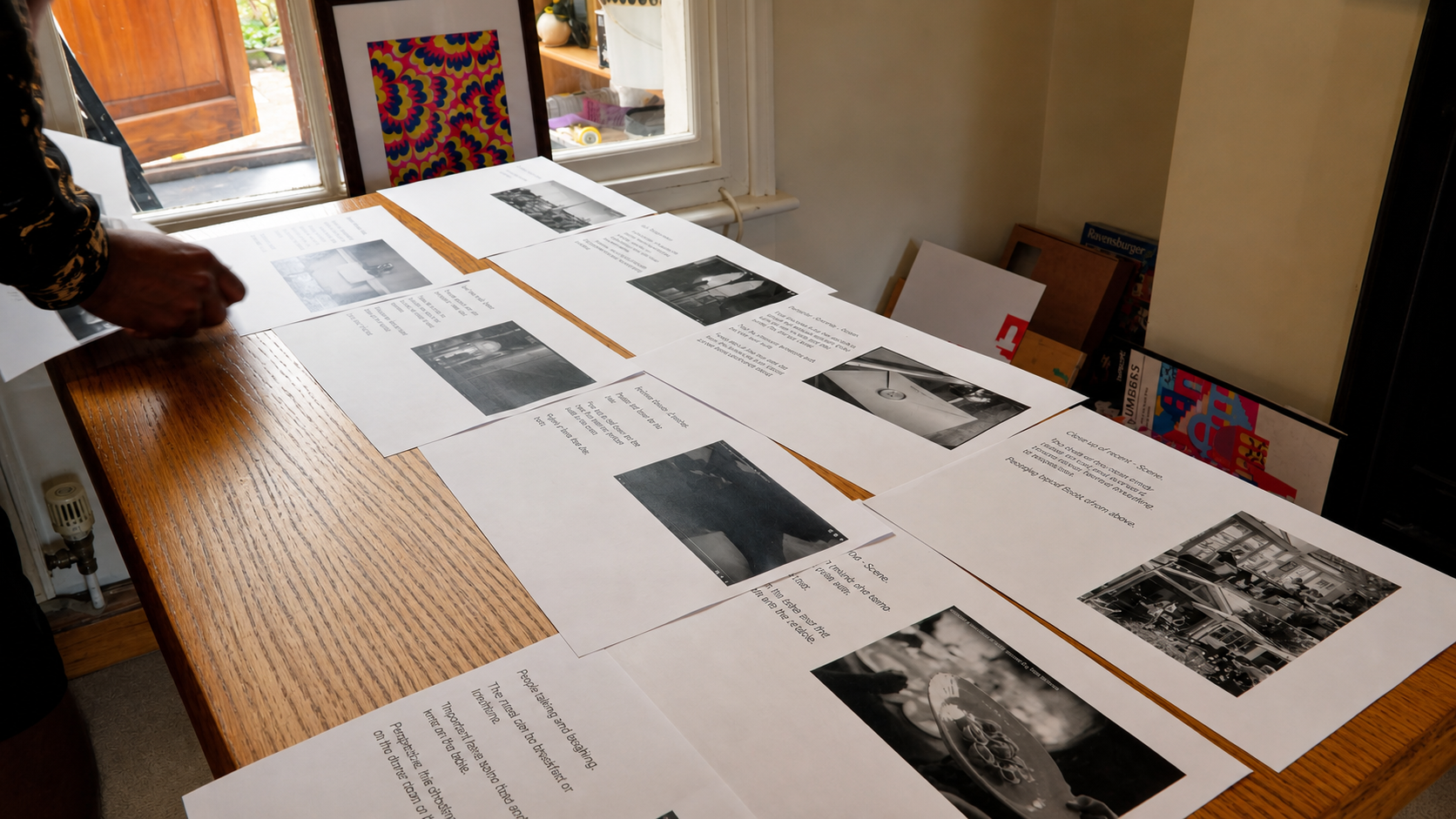 Storyboard and planning sheets spread across a table
